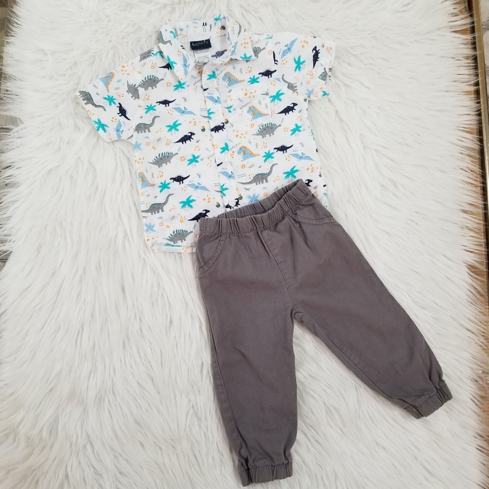 Little Rebels Dinosaur Set White Shirt Short Sleeves and Gray Panst SIZE 12 Mont